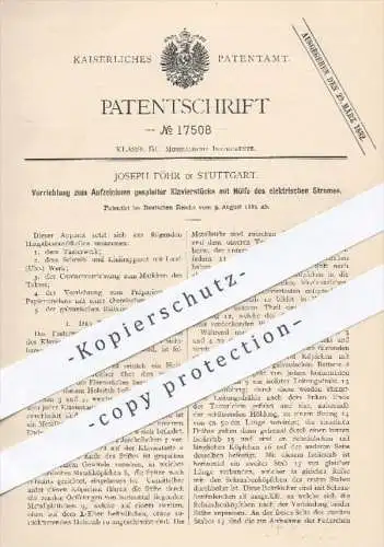 original Patent - J. Föhr , Stuttgart , 1881 , Aufzeichnen von Klavierstücken mit Hilfe von Strom | Musik , Klavier !!!