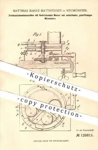 original Patent - Matthias Bahne Matthiessen , Neumünster , 1900 , Zwiebackschneidemaschine | Schneidemaschine , Bäcker