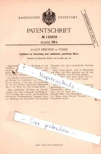 Original Patent  - J. Deborde in Posen , 1901 , Herrstellung einer elastischen, plastischen Masse !!!