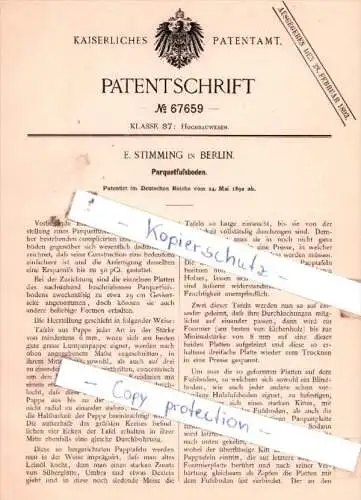 Original Patent  - E. Stimming in Berlin , 1892 , Parquetfußboden !!!