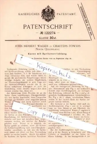 Original Patent  -  John Herbert Walker in Charters-Towers , 1899 , Kanne mit Spritzvorrichtung !!!