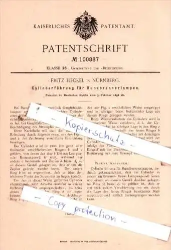 Original Patent  - Fritz Heckel in Nürnberg , 1898 , Cylinderführung für Rundbrennerlampen !!!