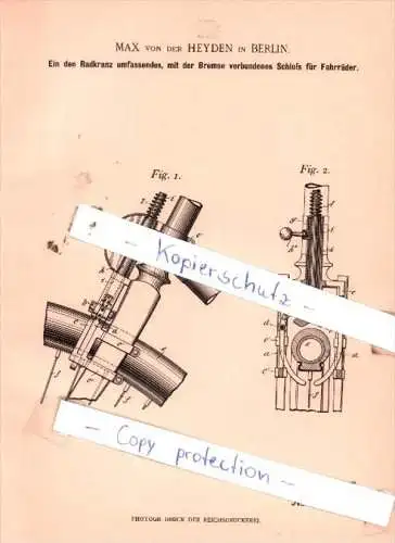 Original Patent  - Max von der Heyden in Berlin , 1898 , Sattlerei, Wagenbau und Fahrräder !!!