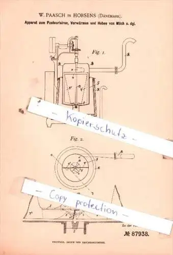 Original Patent  - W. Paasch in Horsens , Dänemark , 1894 , Pasteurisiren, Vorwärmen und Heben von Milch !!!