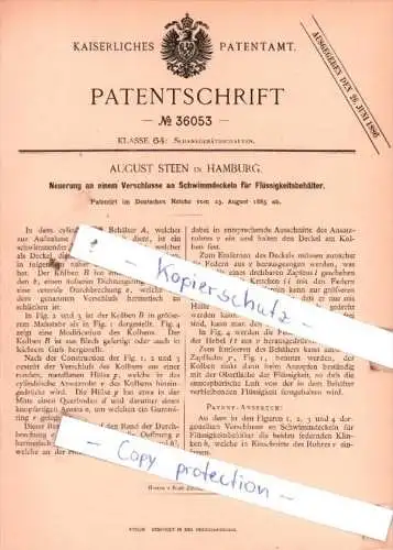 Original Patent  - August Steen in Hamburg , 1885 , Schankgeräthschaften !!!