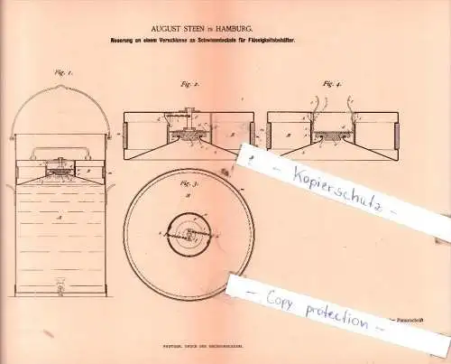 Original Patent  - August Steen in Hamburg , 1885 , Schankgeräthschaften !!!