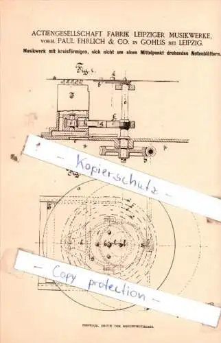 Original Patent  - Actiengesell. Fabrik Leipziger Musikwerke, vorm. P. Ehrlich & Co. in Gohlis bei Leipzig !!!