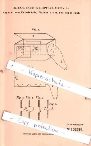 Original Patent  - Dr. Karl Ochs in Ludwigshafen a. Rh. , 1900 , Apparat zum Entwickeln !!!