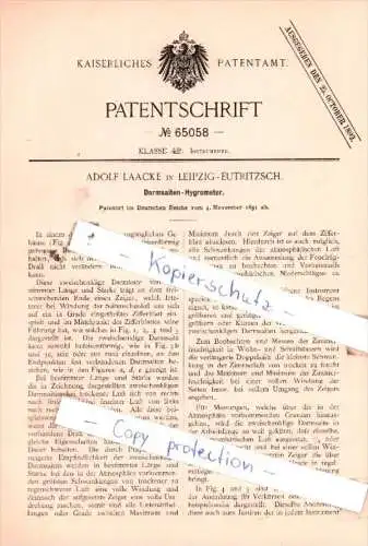 Original Patent  -  Adolf Laacke in Leipzig-Eutritzsch , 1891 , Darmsaiten-Hygrometer !!!