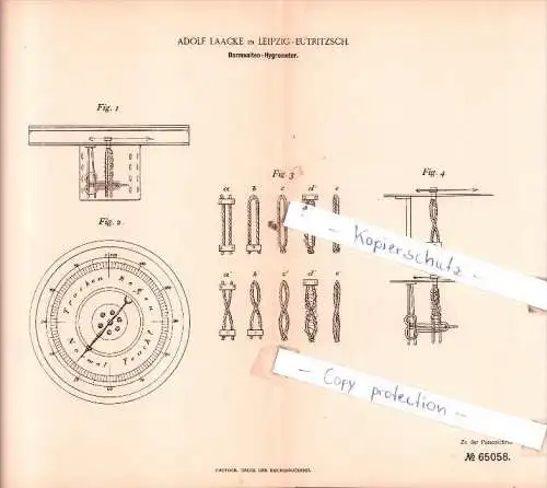 Original Patent  -  Adolf Laacke in Leipzig-Eutritzsch , 1891 , Darmsaiten-Hygrometer !!!