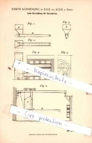 Original Patent  -  J. Kämmerling in Kalk bei Köln a. Rhein , 1891 , Gas-Bereitung !!!