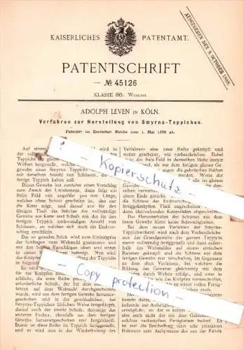 Original Patent  - Adolph Leven in Köln , 1888 , Weberei !!!