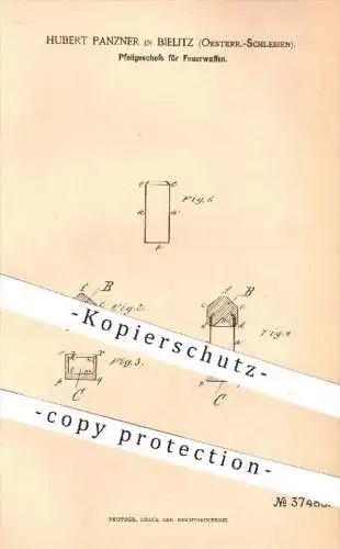 original Patent - Hubert Panzner , Bielitz , 1886 , Pfeilgeschoss für Feuerwaffen | Waffen , Geschosse , Gewehre !!!