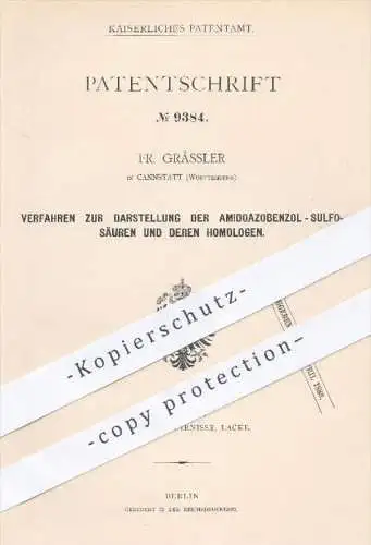 original Patent - Fr. Grässler , Cannstatt , 1879 , Darstellung der Amidoazobenzol - Sulfosäuren u. deren Homologen !