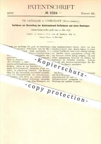 original Patent - Fr. Grässler , Cannstatt , 1879 , Darstellung der Amidoazobenzol - Sulfosäuren u. deren Homologen !