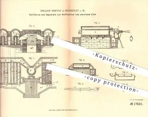 original Patent - William Merton , Frankfurt / Main , 1881 , Raffination von unreinem Zink | Blei , Raffinade , Hütte !!