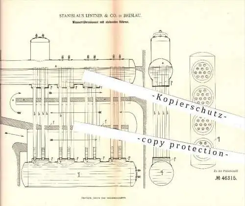 original Patent - Stanislaus Lentner & Co. , Breslau , 1888 , Wasserröhrenkessel mit stehenden Röhren | Dampfkessel !!