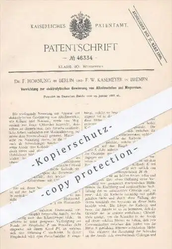 original Patent - Dr. F. Hornung , Berlin | F. W. Kasemeyer , Bremen , 1888 , elektrolytische Gewinnung von Alkalimetall