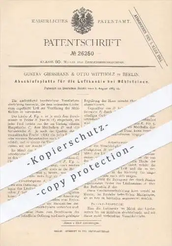 original Patent - G. Giesmann & O. Wittholz , Berlin 1883 , Abschlussplatte für die Luftkanäle bei Mühlsteinen | Mühlen