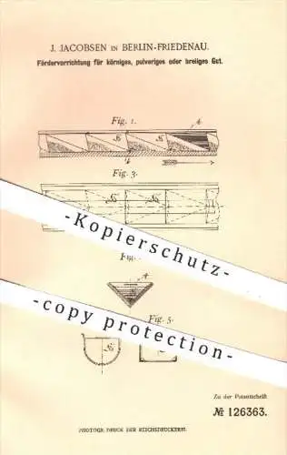 original Patent - J. Jacobsen , Berlin Friedenau , 1900 , Fördervorrichtung für körniges o. pulveriges Gut | Rechen !!!