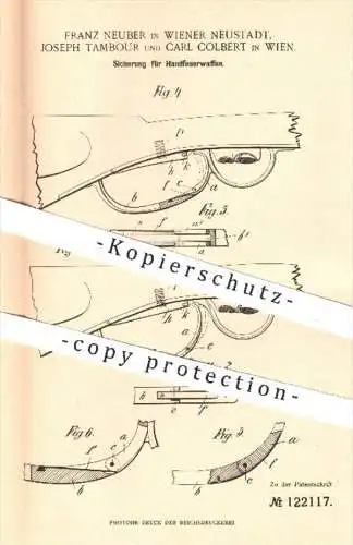 original Patent - F. Neuber , J. Tambour , C. Colbert , Wien , 1900 , Sicherung für Handfeuerwaffen | Waffe , Waffen !!!