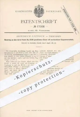 original Patent - Friedrich Gappisch in Dresden , 1881 , Kloset mit wechselndem Klappenverschluss | WC , Toilette !!!