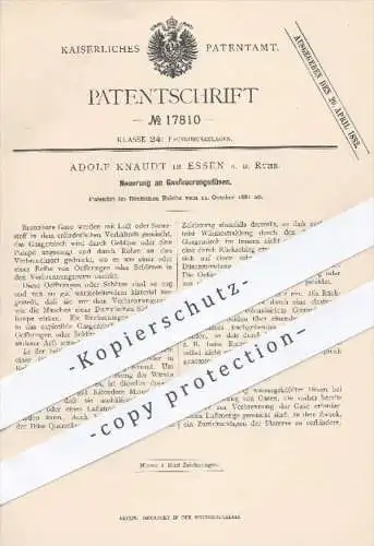 original Patent - Adolf Knaudt , Essen / Ruhr , 1881 , Gasfeuerungsdüsen | Düsen , Brenner , Feuerung , Gas , Gase !!!