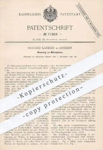 original Patent - Richard Kändler in Dresden , 1891 , Mikrophon , Mikrophone , Mikrofon , Mikrofone , Elektrik !!!