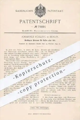 original Patent - Johannes Rühling in Berlin , 1893 , Brenner für Öfen aller Art | Ofen , Heizung , Feuerung , Haushalt