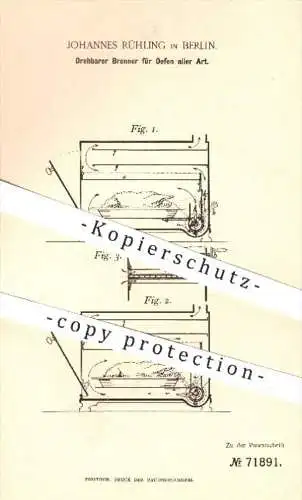 original Patent - Johannes Rühling in Berlin , 1893 , Brenner für Öfen aller Art | Ofen , Heizung , Feuerung , Haushalt