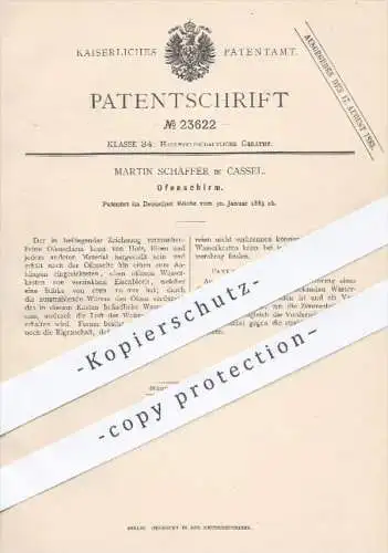 original Patent - Martin Schäffer in Kassel , 1883 , Ofenschirm | Ofen , Öfen , Schirm , Haushalt , Holz , Eisen !!!