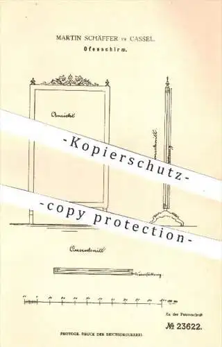 original Patent - Martin Schäffer in Kassel , 1883 , Ofenschirm | Ofen , Öfen , Schirm , Haushalt , Holz , Eisen !!!
