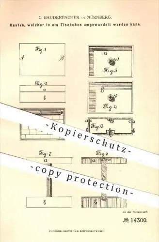 original Patent - C. Baudenbacher in Nürnberg , 1881 , kombinierter Kasten u.Tisch | Holztisch , Zauberkasten, Zauberer