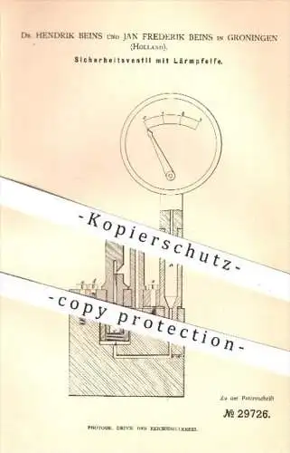 original Patent - Dr. H. Beins u. Jan F. Beins , Groningen , Holland , 1884 , Sicherheitsventil mit Lärmpfeife | Pfeife