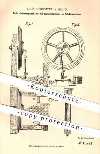 original Patent - Leop. Gerechter , Berlin , 1881 , Feder - Universalgelenk für den Tretmechanismus | Nähmaschinen !!!