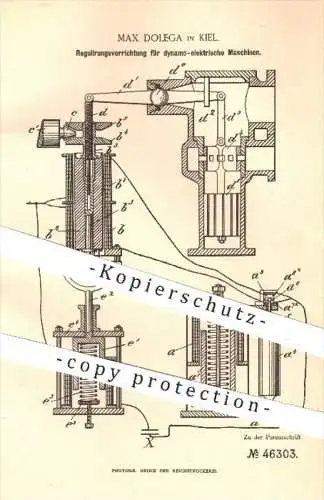 original Patent - Max Dolega , Kiel , 1888 , Regulierung für dynamo - elektr. Maschinen | Regulator Gleichstrom , Strom