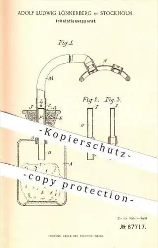 original Patent - A. L. Lönnerberg , Stockholm , Schweden , 1892 , Apparat zur Inhalation , Inhalieren | Medizin , Arzt