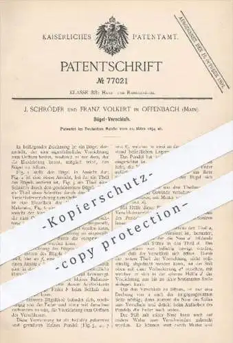 original Patent - J. Schröder , Franz Volkert , Offenbach / Main , 1894 , Bügel - Verschluss für Koffer , Taschen !!!