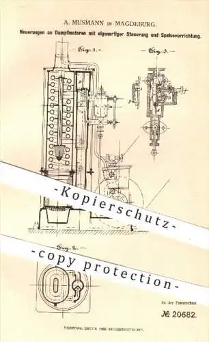 original Patent - A. Musmann in Magdeburg , 1882 , Dampfmotoren mit Steuerung u. Einspeisung | Dampfmaschinen , Motoren