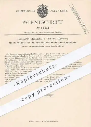 original Patent - H. Kiessling , Odense , Dänemark 1880 , Wasserkessel für Petroleum- u. a. Kochapparate | Kochen , Topf