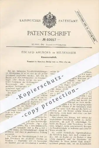 original Patent - Eduard Ahlborn in Hildesheim , 1891 , Kannenverschluss | Kanne , Kannen , Milchkanne , Gefäße !!!