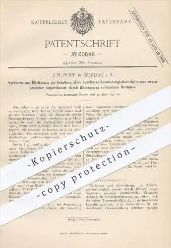 original Patent - J. H. Popp , Werdau 1891 , Halten der Arbeitsgeschwingkeit zweier Riemen | Spinnrad  Krempel , Spinnen