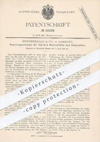 original Patent - Niederberger & Co. in Hamburg , 1881 , Feuerung für Holzabfälle u. Sägespäne | Holz , Ofen , Heizung !