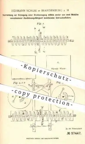 original Patent - H. Schlee , Brandenburg Havel , 1897 , Erzeugung einer Drehbewegung mittels 2 Schraubenfedern | Metall