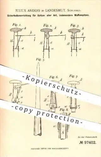 original Patent - J. Anders , Landeshut , Schlesien , 1897 , Sicherheit für Spitzen an Waffen | Werkzeuge , Messer !!