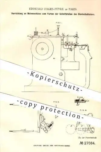 original Patent - Edouard Fages Peyre , Paris , 1883 , Nähmaschinen zum Färben am Handschuhleder | Leder , Nähen !!!