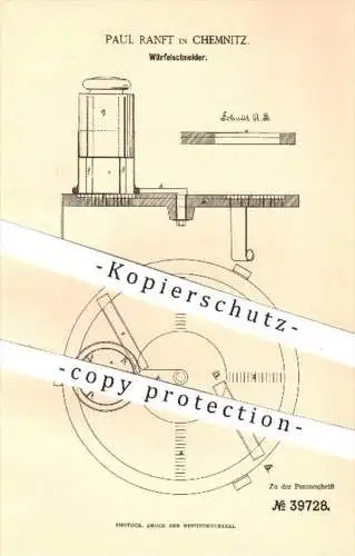 original Patent - P. Ranft , Chemnitz , 1886 , Würfelschneider | Schneiden , Messer , Klinge , Haushalt , Hauswirtschaft