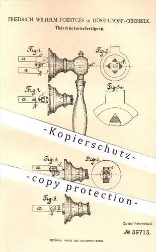 original Patent - Fr. W. Poestges , Düsseldorf Oberbilk , 1886 , Befestigung für Türdrücker | Tür , Türen , Türschloss !