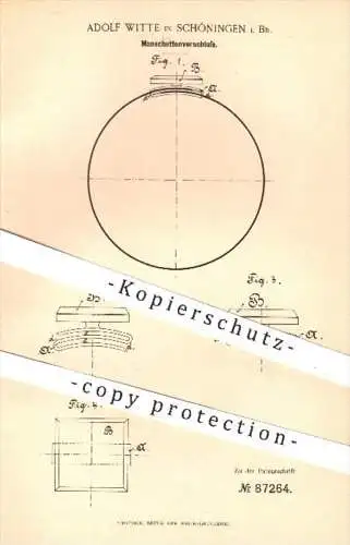 original Patent - Adolf Witte , Schöningen  1895 , Verschluss für Manschetten | Manschettenknopf , Knopf , Knöpfe , Mode