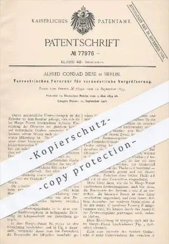 original Patent - Alfred Conrad Biese , Berlin , 1894 , Terrestrisches Fernrohr zur Vergrößerung | Mikroskop , Okular !!